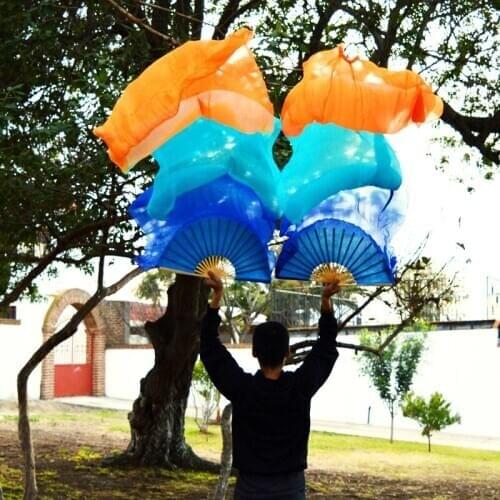 2016 High selling 100% Real Silk Veils 1 Pair handmade women Quality Silk Belly Dance Fan Dance blue turquoise orange 180*90 cm