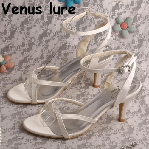 2018 Open Toe Simple Women Wedding Sandals Ivory Satin Mid Heel Summer Shoes for Bride