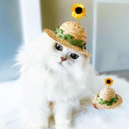 9cm Spring Sunflower Floral Cat Straw Hat Sombrero Beach Cute Dog Sun Cap Party Hats Hawaii Style Pets Hat for Dogs Accessories