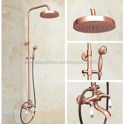 Antique Red Copper Wall Mounted Shower Faucet Double Handle Tub Spout Mixer Tap Hand Sprayer Krg572