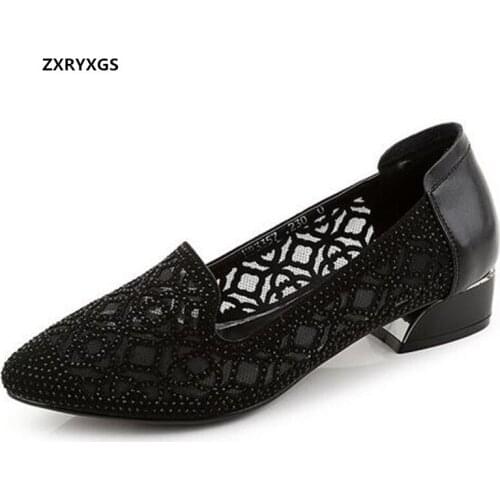 2021 Summer Pointed Toe Microfiber Mesh Cowhide Rhinestone Fashionable Sandals Women Shoes Sandals Big Size Thick Heel Sandals