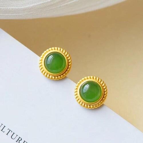 Natural Hetian Jade Stud Earrings S925 Sterling Silver Inlaid Gemstone Gilding Craft Lasting Color Retention Simple Fashion Supp