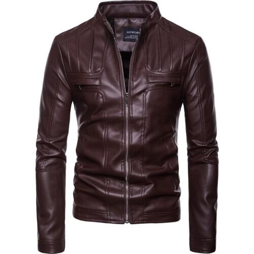 Nice Motorcycle Leather Jacket Men New Autumn Stand Collar Zippers Leather Jacket Male Handsome PU Coat EU Size