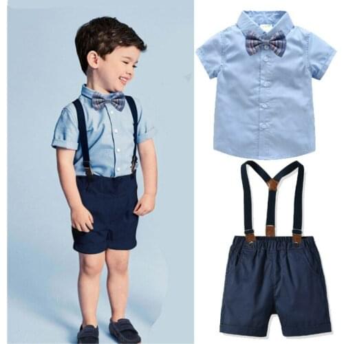 Summer Boy Clothes Formal Wear Gentleman Bow Tie Suspenders Shorts Shirt Four-piece Party Wedding Costume Childrens Suit