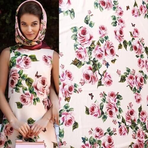 100X140cm Romantic Rose Printed Imitate Silk Satin Or Chiffon Fabric for Woman Girl Summer Long Dress Pajamas Blouse DIY Sewing