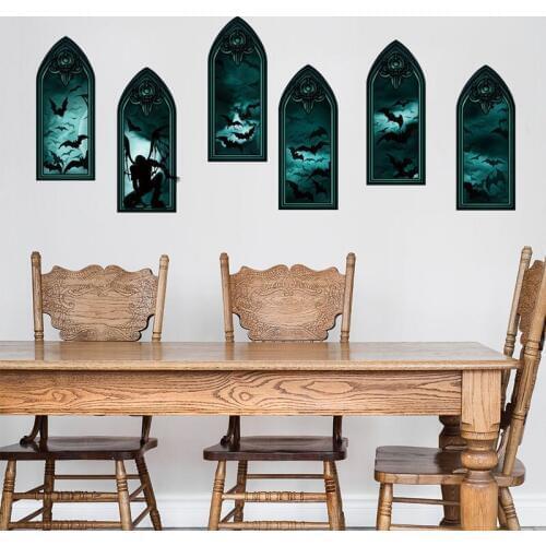 Halloween Bat 6 Castle Fake Window Wall Sticker Decor Haunted House Bar Window Door Living Room Bedroom Decoration PVC Sticker