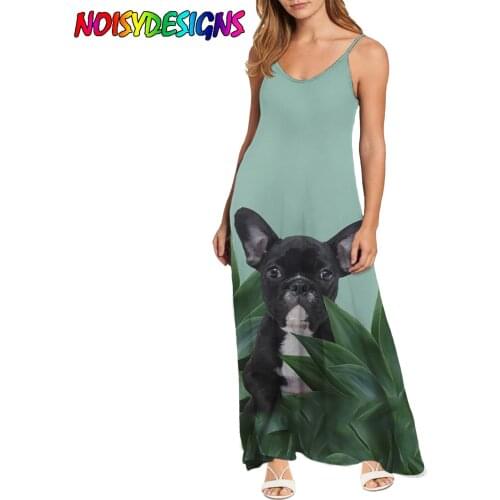 NOISYDESIGNS Women Fashion Summer Dress Sling Sleeveless V-neck French Bulldog Between Leaves Art Prints Casual Women Dresses