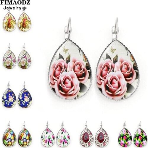 FIMAODZ New Rose Flower Earrings Dangle Retro Multicolour Flowers Art Picture Glass Cabochon Drop Earring Women Jewelry
