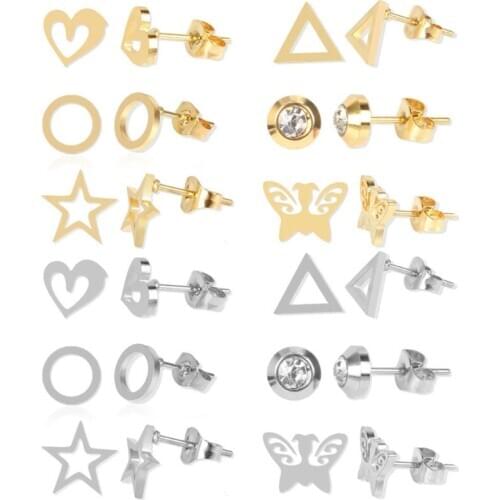 12 Pairs Stainless Steel Heart Star Moon Round Stud Earrings Women Cute Bar CZ Butterfly Stud Earrings Fashion Jewelry