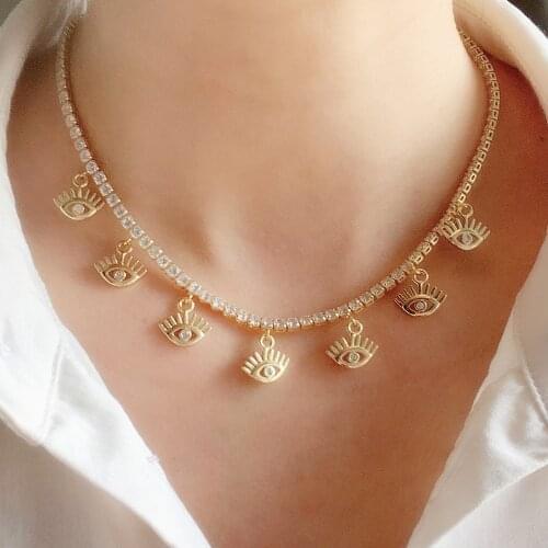 3PCS, Eye Charms Pendant Necklace Women Crystal CZ Tennis Chain Choker Necklace Fashion Statement Jewelry