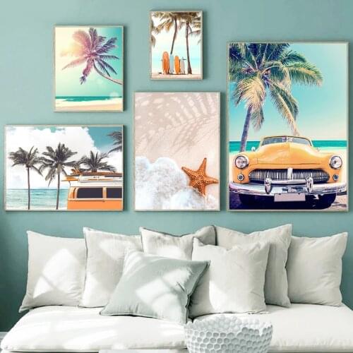 Sea Beach Poster Print Starfish Surfboard Coconut Tree Wall Art Nordic Canvas Painting Picture Decoration Living Room Home Decor