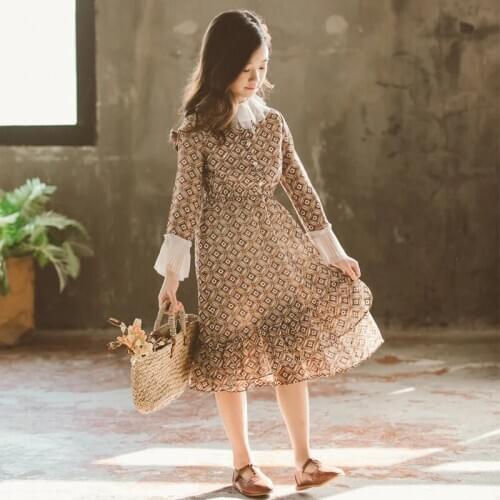 Teen Girl Dress Long Sleeve Spring Party Dress Elegant Lace Collar Printed Chiffon Kids Dresses for Girls Children Clothing