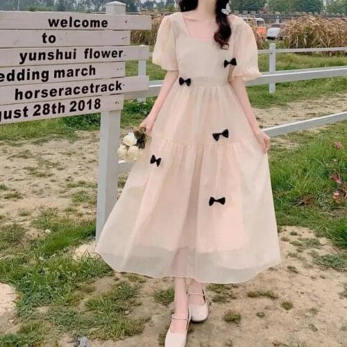 Dresses for Women 2021 Korea Puff Sleeve Mid-length Waist Summer Temperament Elegant Small Skirt Solid Color Womens Dress Trend