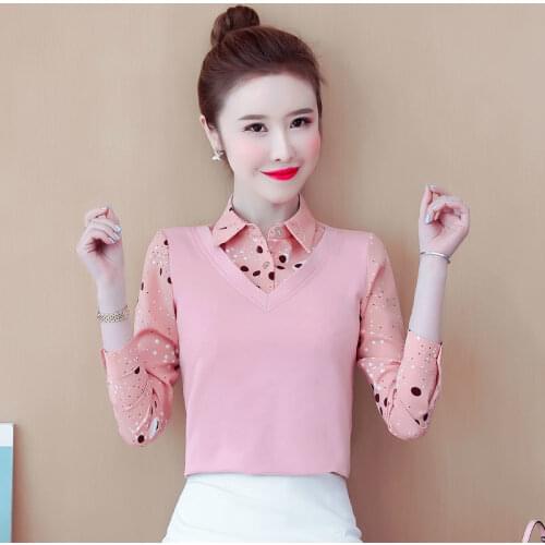 Printed Turn Down Collar Shirt Womens Spring 2021 New Fake Two-piece Long Sleeve Stitching Slim Top Bottoming Shirt Pullover