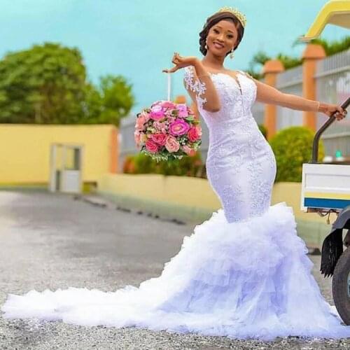 Saudi Arabia Mermaid Wedding Dresses White Scoop Neck Long Sleeves Lace Bridal Gowns Plus Size Ruffles robe de mairee