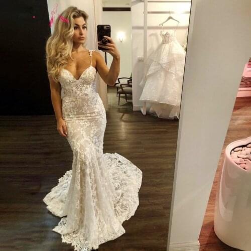 Sexy Mermaid Wedding Dress Lace Spaghetti Strapless Wedding dress 2021 Court Train Bridal Dress Ivory Wedding Party Dress