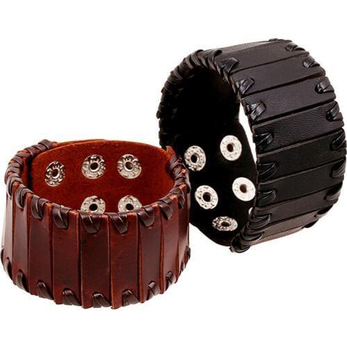 Boho Gypsy Hiphop Hippie Punk Brown Black Real Leather Layers Bar Leather Charm Wide Wrap Big Adjustable Man Bracelet Bangle