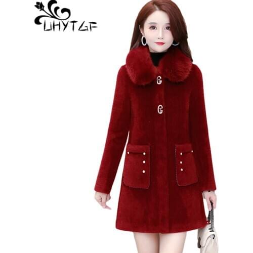 UHYTGF Quality Faux Mink Fur Coat Mid-Length Casual Warm Winter Jacket Female Fashion Single-Breasted 5XL Plus Size Outwear 1404