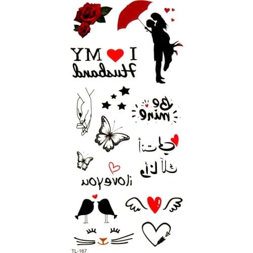 LOVE Theme Waterproof Temporary Tattoos Men Fake Tattoo Tatuaje Temporal Butterfly/Rose Henna Tattoo Stickers Kids Tatoo kiss