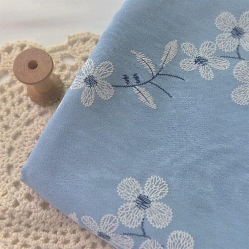 Blue Bottom And White Flower Branch Linen Silk Fabric Summer Jacket Long Skirt Shirt Long Cheongsam Clothing Handmade DIY Fabric