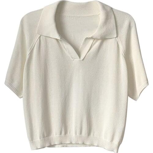 Cropped Short Sleeve Polo Sweater Women Summer Short Knitted Polo Shirt All Match