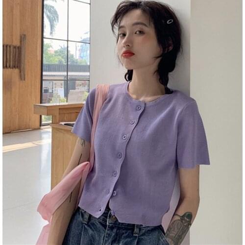 Women Fashion Knitted Crop Tops Sexy O-neck Short-sleeved T-shirt Solid Color Tee Single-breasted Button Cardigan