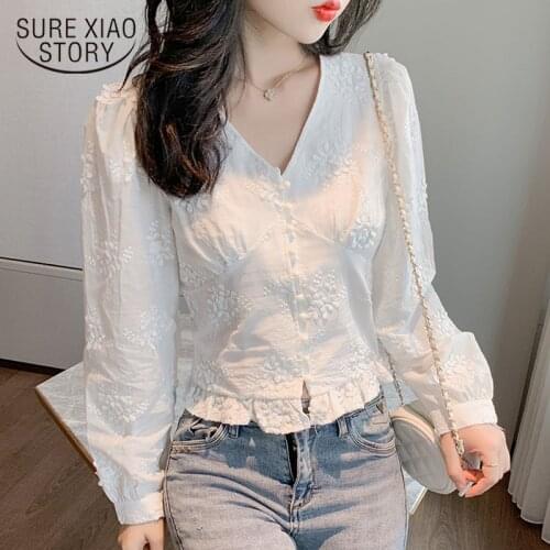 V-neck Woman Shirt White Lace Shirt Women 2021 Spring Vintage Puff Sleeve Korean Top Cotton Embroidery Blouse Blusas Mujer 10536