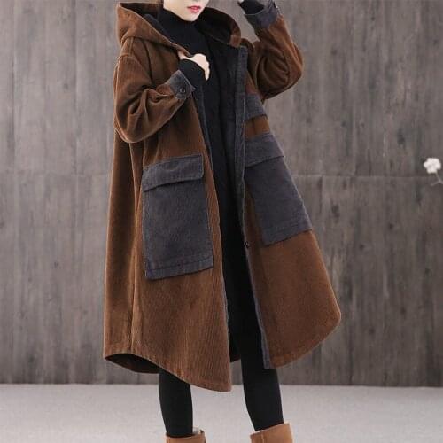 Simple Casual Corduroy Big Pocket Ladies Hooded Cotton Jacket For Fall Winter 2021 New Loose Plus Size Women Long Overcoat e069
