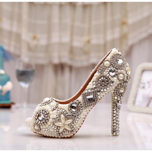 Handmade Ivory Glitter Diamond Wedding Party Prom Heels Rhinestone Peep Toe Pumps Women Pearl Crystal Bridal Shoes