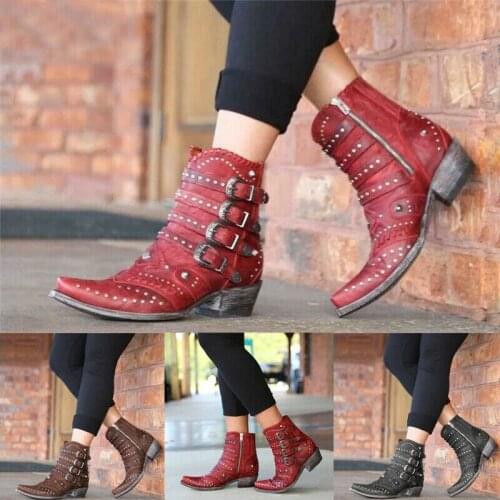 2021 Hot Women Ladies Cowboy Cowgirls Ankle Studs Rivet Western Shoes Boots Low Heel