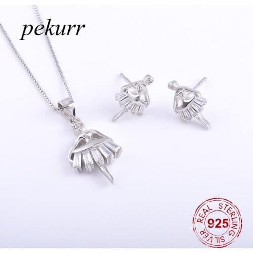 Pekurr 925 Sterling Silver Crystal Skirt Ballet Dancer Earrings Necklace Sets For Women Girl Pendants Fashion Jewelry Sets