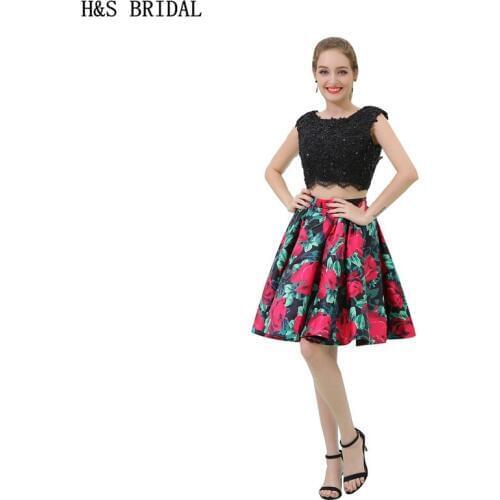 H&S BRIDAL Cap Sleeves Lace Applique Beaded short evening dress Two Pieces Print short prom dresses Backless short sexy robe