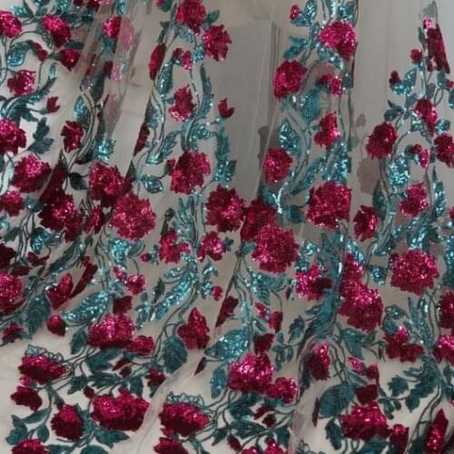 1 Yard Pink/ Red / Blue / Ombre Rose Sequin Tulle fabric Long Branch Sparkle Sequin Floral lace For Prom, Evening Dress