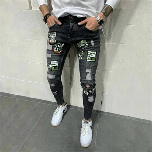 2 Styles Men Stretchy Ripped Skinny Biker Embroidery Print Jeans Destroyed Hole Taped Slim Fit Denim Scratched High Quality Jean