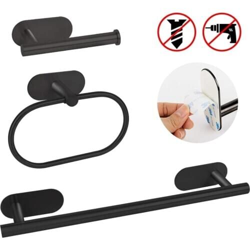 3-piece Stainless Steel Matte Black Adhesive Towel Bar Toilet Paper Holder, Towel Ring Simple Bathroom Hardware Set Towel Holder