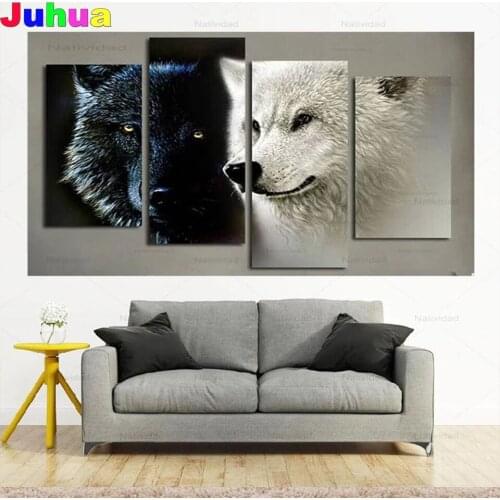 4 Panel black white wolf 5d diy diamond painting full drill mosaic animal diamond stitch embroidery gift home full decor