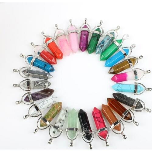 5pcs/Bag Natural Gem Stone Colorful Hexagonal Column Alloy Pendant Bullet Head Men Necklace Pendant Woman Jewelry New Year Gifts