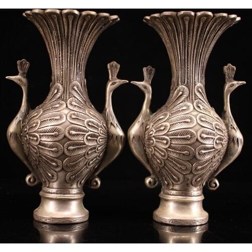 7"Chinese temple collection Old Bronze Gilt silver Peacock statue vase A pair Open screen Office Ornaments Town House Exorcism