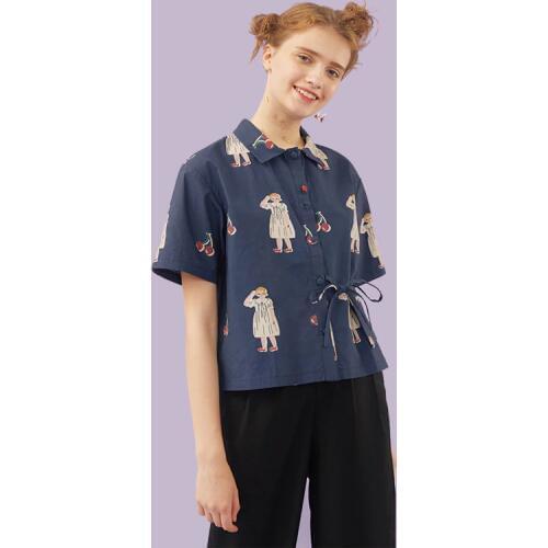 Summer New Original Fashion Women Chiffon Blouse Girls Printed Ladies Shirt Tops Lace Up Pocket Short Sleeve Loose Top Kimono