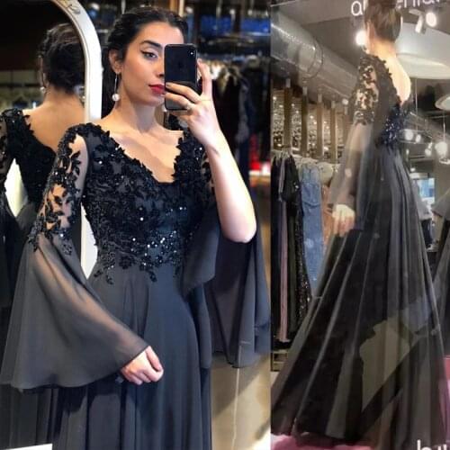 Black Sexy Evening Dress A-Line Flare Sleeve V-Neck Lace Appliques Sequined Backless Floor Length Party Prom Gown 2021 For Women