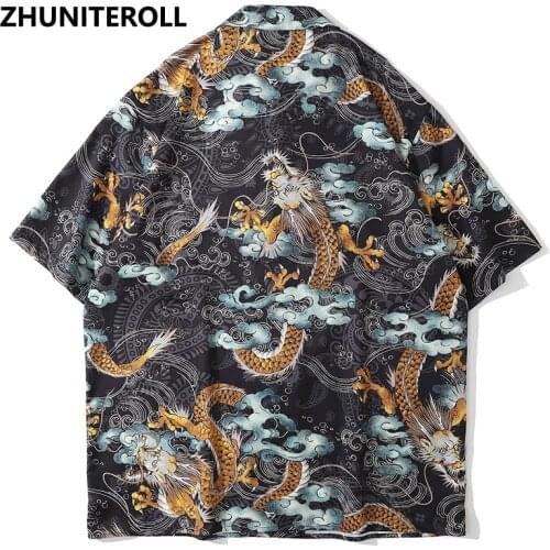 Harajuku 2021 Summer Hawaiian Beach Shirts Dragon Print Hip Hop Button Shirt Mens Fashion Short Sleeve Holiday Party Blouse Tops
