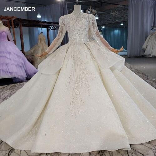 HTL2001 White Muslim High Collar Long Sleeve Bridal Wedding Dress 2021 New Shiny Frill Party Dress For Wedding платья свадебные