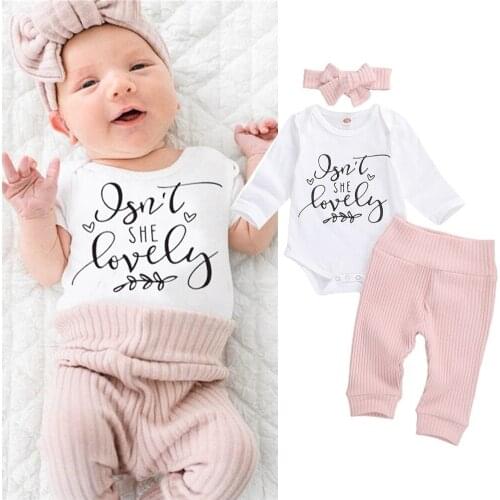 Imcute 3 PCS Baby Girl Knitted Clothes Romper Outfits Round Collar Long Sleeve Buttons Bodysuit +Pants +Headband