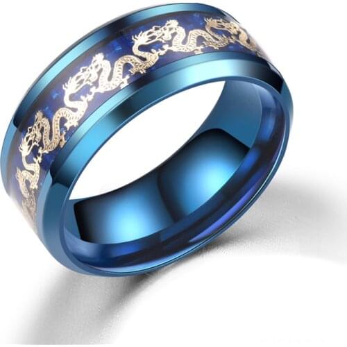 Fashion Stainless Steel Dragon Pattern Rings Charm Blue Mans Rings Gifts Wedding Band Party Jewelry Accessories