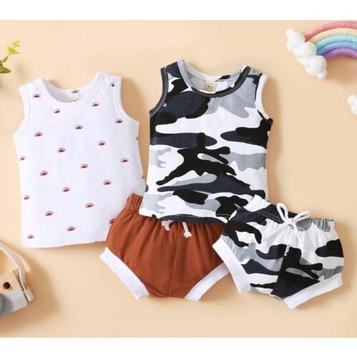 2Pcs Set Toddler Summer Outfit Camouflage/Sun Print O-Neck Tank Vest Tops Elastic Shorts for Baby Girls, Boys 0-18 Months
