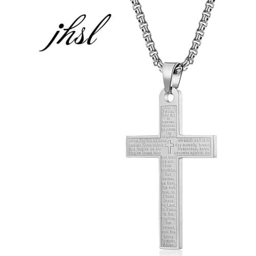 Male Men Cross Necklace Pendants Bible Lords Prayer Fashion Christian Jewelry Box Chain Stainless Steel Black Gold Color