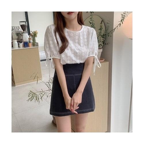 Embroidery new Girls Summer blouse women suit shirt short sleeves Tops high waist A Line skirts two piece suits Sell separately