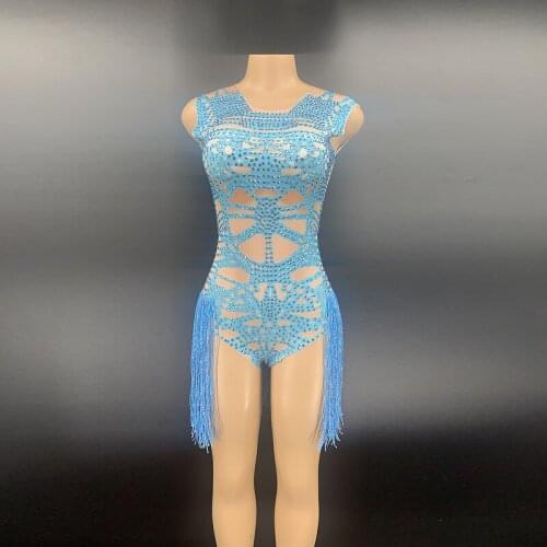 New Style Blue Rhinestone Fringe Spandex Bodysuit Women Dancer DS Party Wear Birthday Bar Singer Show Outfit