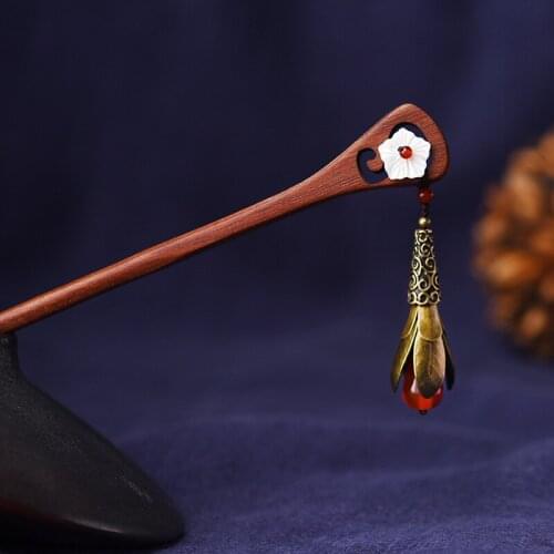 Original hairpin with Vintage design handmade tasseled magnolia ethnic flower sandalwood hairpin