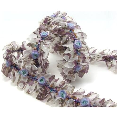 Pleated Trim|w Rococo Flower Trim|1 1/2 Inches Pleated Ombre Printed Chiffon Trim|Organza Chiffon Trim|Retro Handmade Supplies